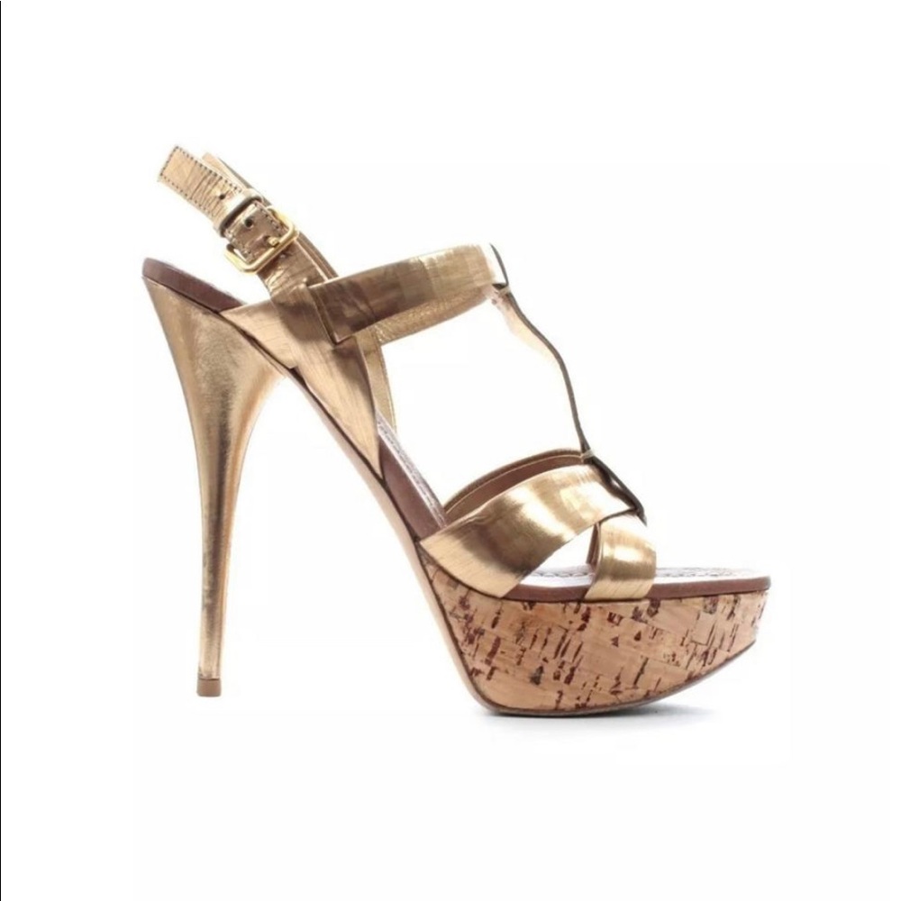 100% Authentic Miu Miu Gold & Cork T-strap Sandal Platform